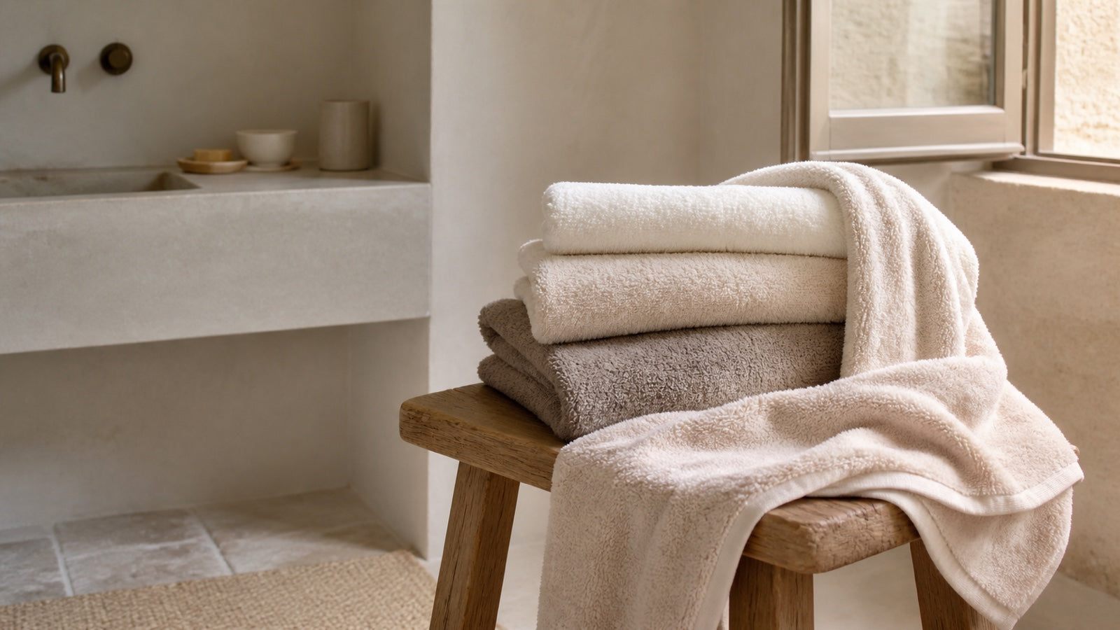 Folded ivory and taupe towels in a sunlit minimalist bathroom