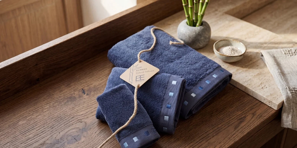 A folded bamboo-cotton towel set in navy on a wooden bathroom shelf, with a kraft hang tag on jute rope