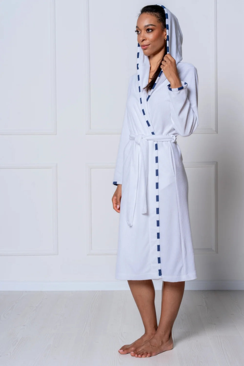 Belmanetti Long Hooded Terry Knit Robe in White - Made in Europe