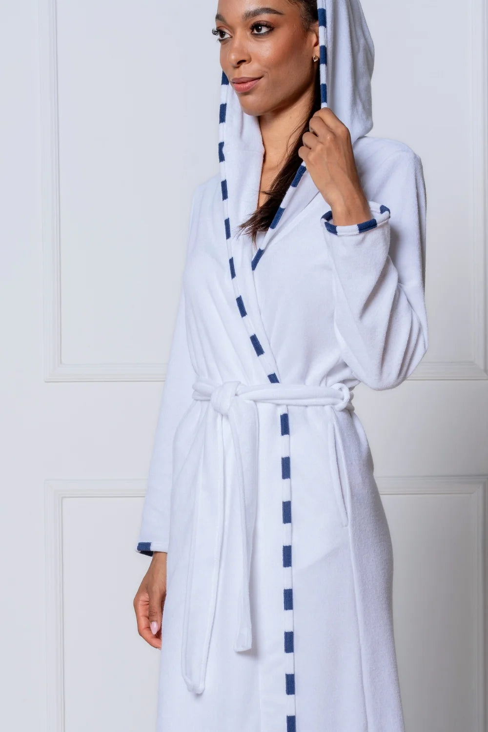 Belmanetti Long Hooded Terry Knit Robe in White - European craftsmanship
