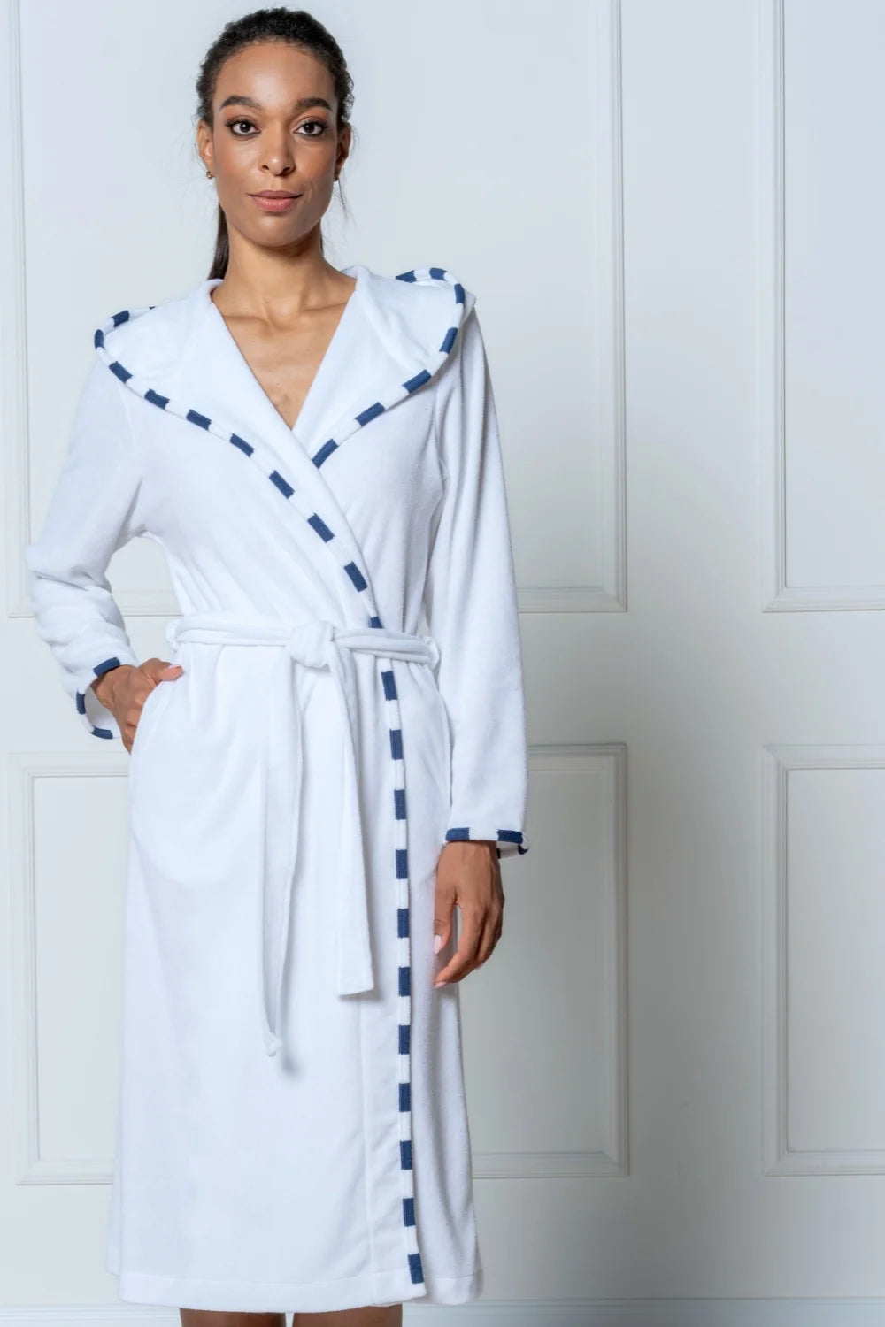 Belmanetti Long Hooded Terry Knit Robe in White - Premium quality fabrics