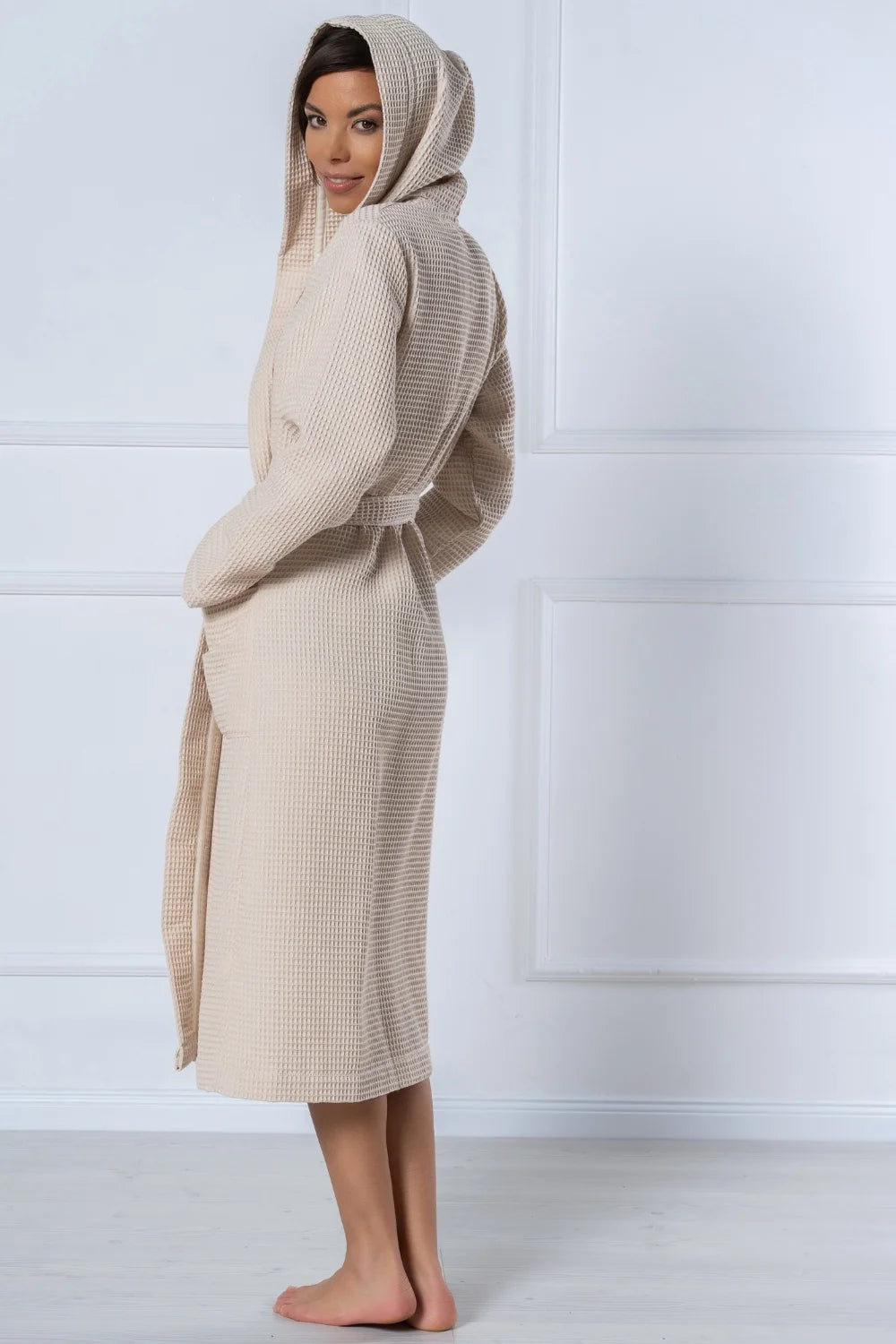 Belmanetti Waffle Bamboo Blend Hooded Robe in beige - Gift-ready packaging