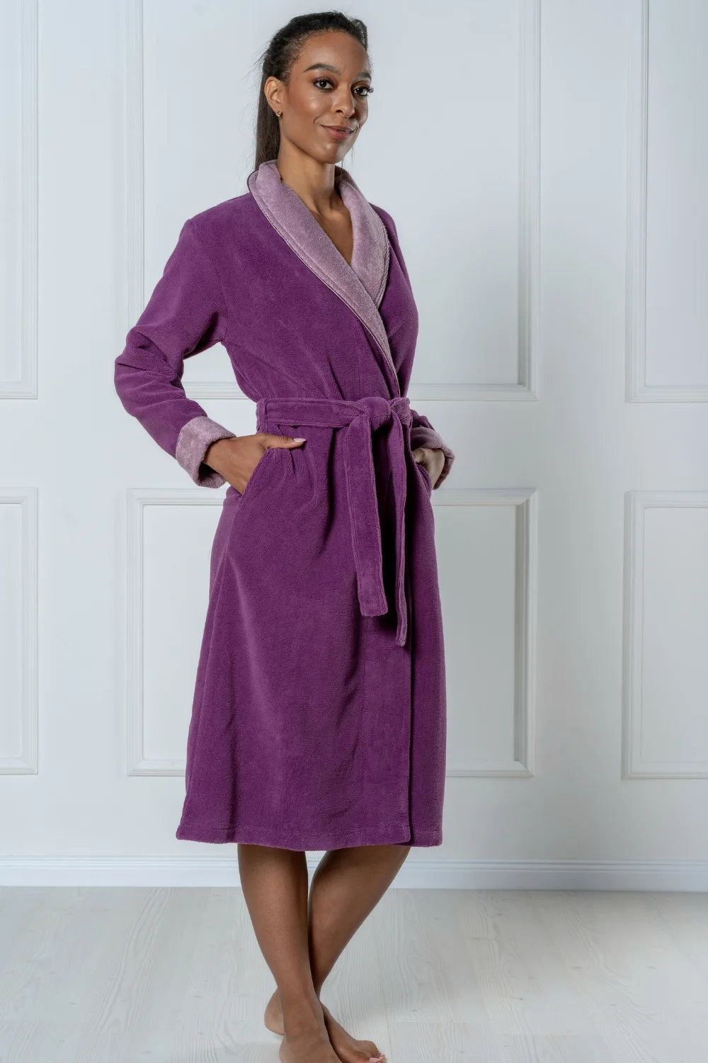 Belmanetti Bamboo Blend Luxe Contrast Shawl Collar in Blackberry - Ideal for spa and home