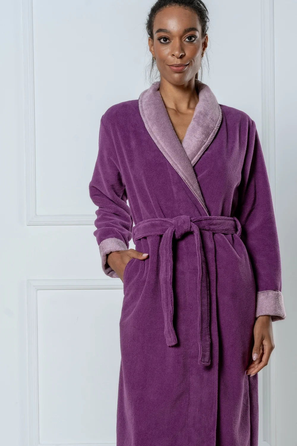 Belmanetti Bamboo Blend Luxe Contrast Shawl Collar in Blackberry - Sustainable fabric