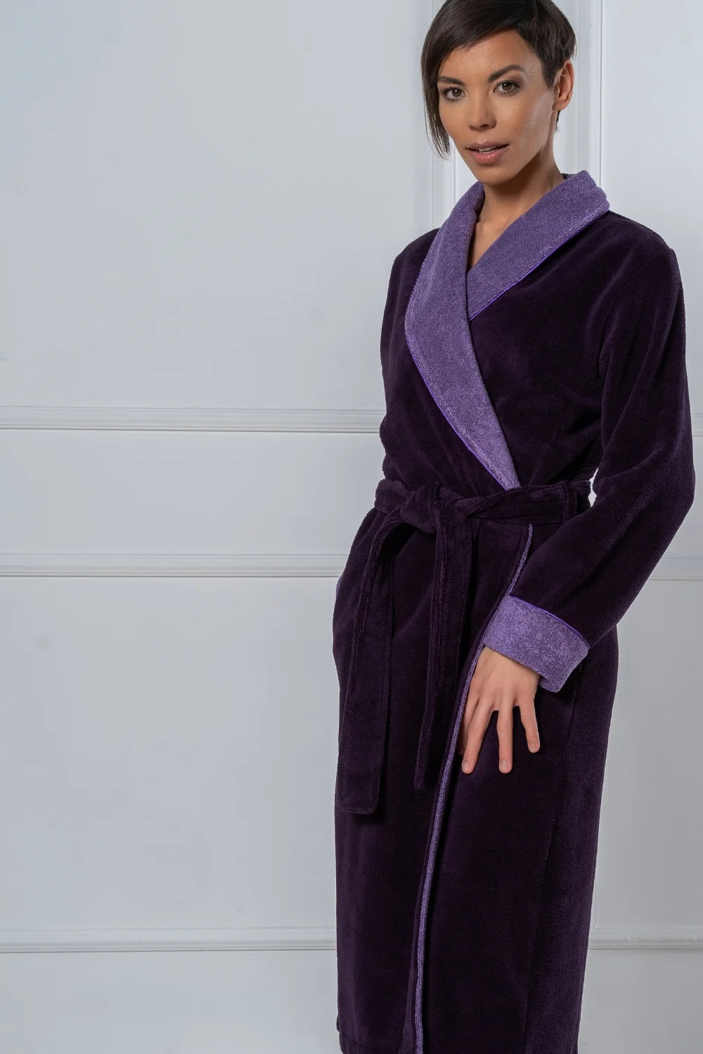 Belmanetti Bamboo Blend Luxe Contrast Shawl Collar in Grape - Sustainable fabric