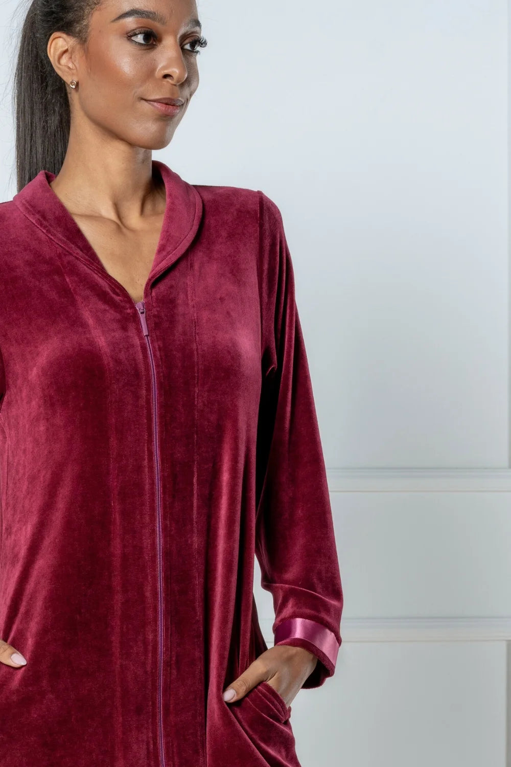 Belmanetti Long Modal Nicky Velour Robe With in Red Wine - Made in Europe