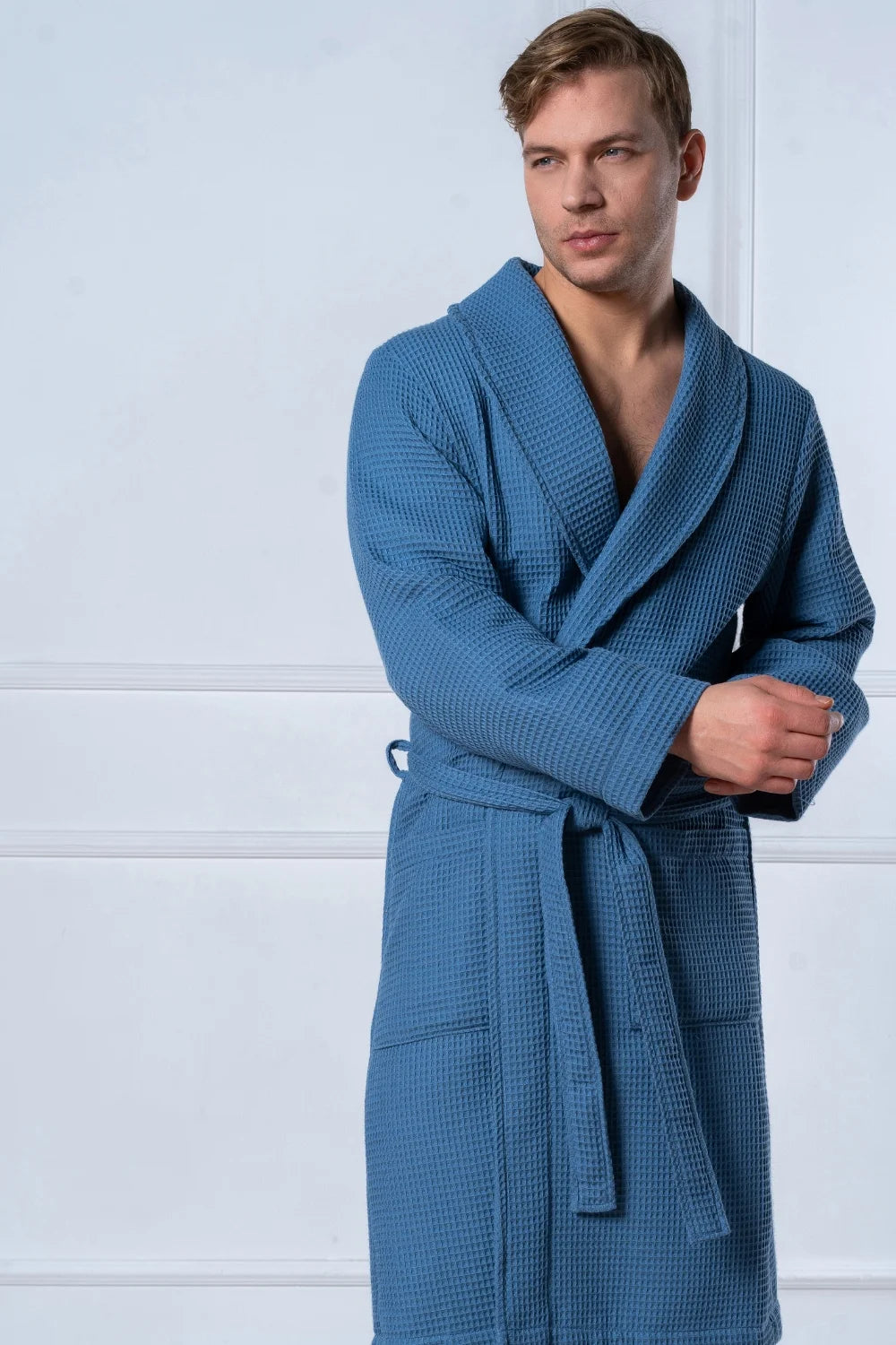Belmanetti Shawl Collar Men Bathrobe Bamboo Cotton in beige - European craftsmanship