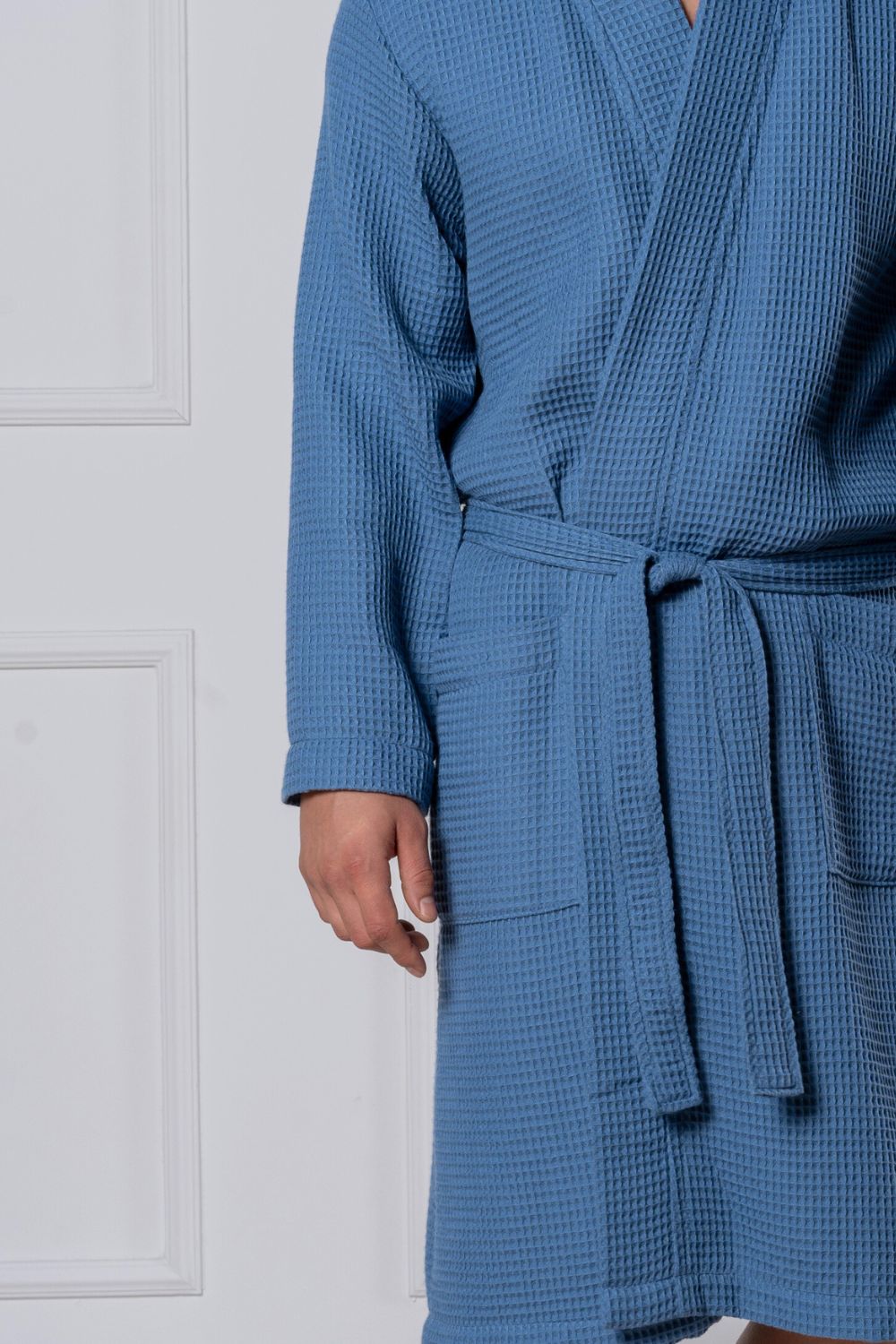 Belmanetti Men Waffle Bamboo Blend Hooded Robe in jeans-blue - Eco-friendly materials