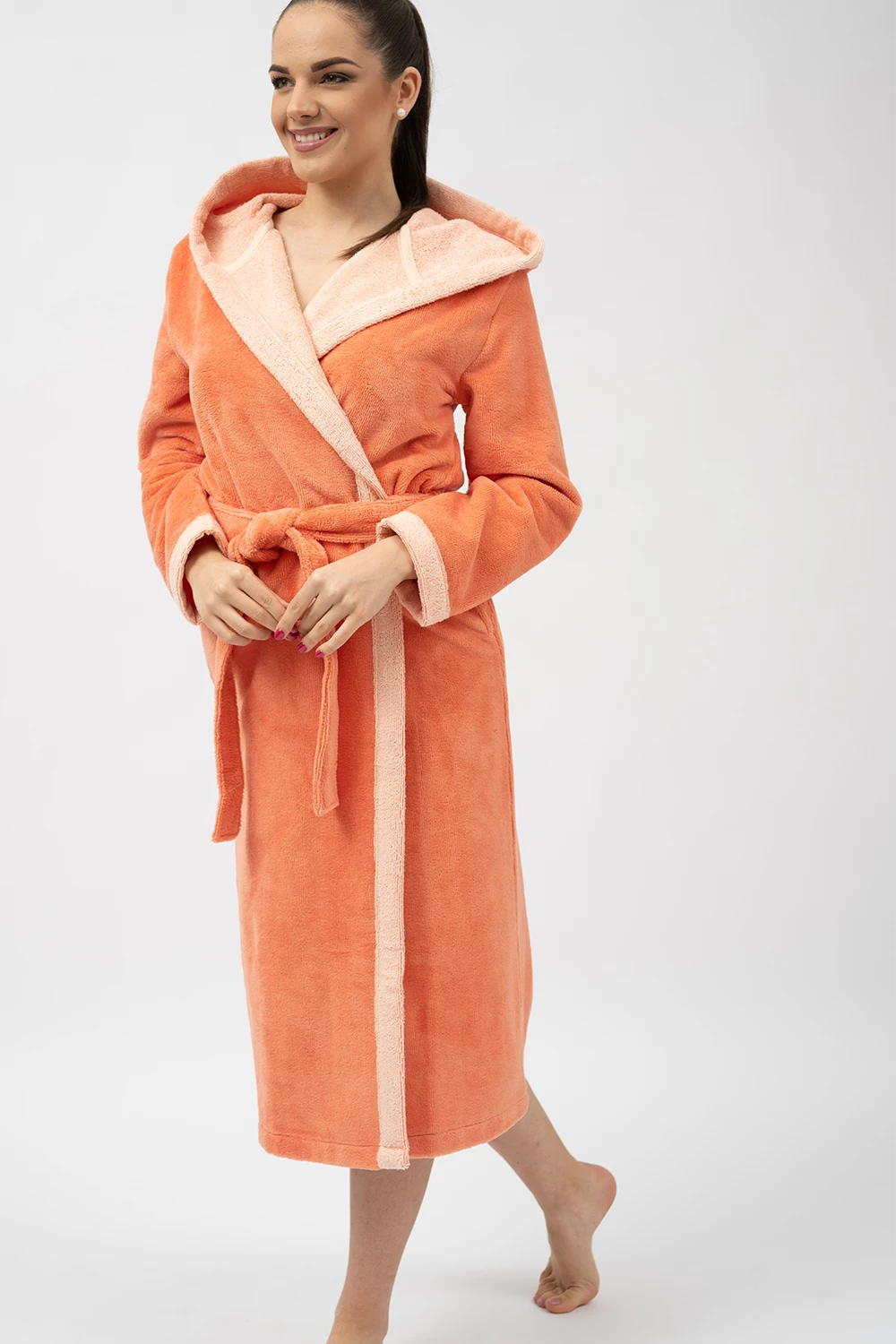 Belmanetti Bamboo Infused Long Hooded Robe in Coral - Made in Europe