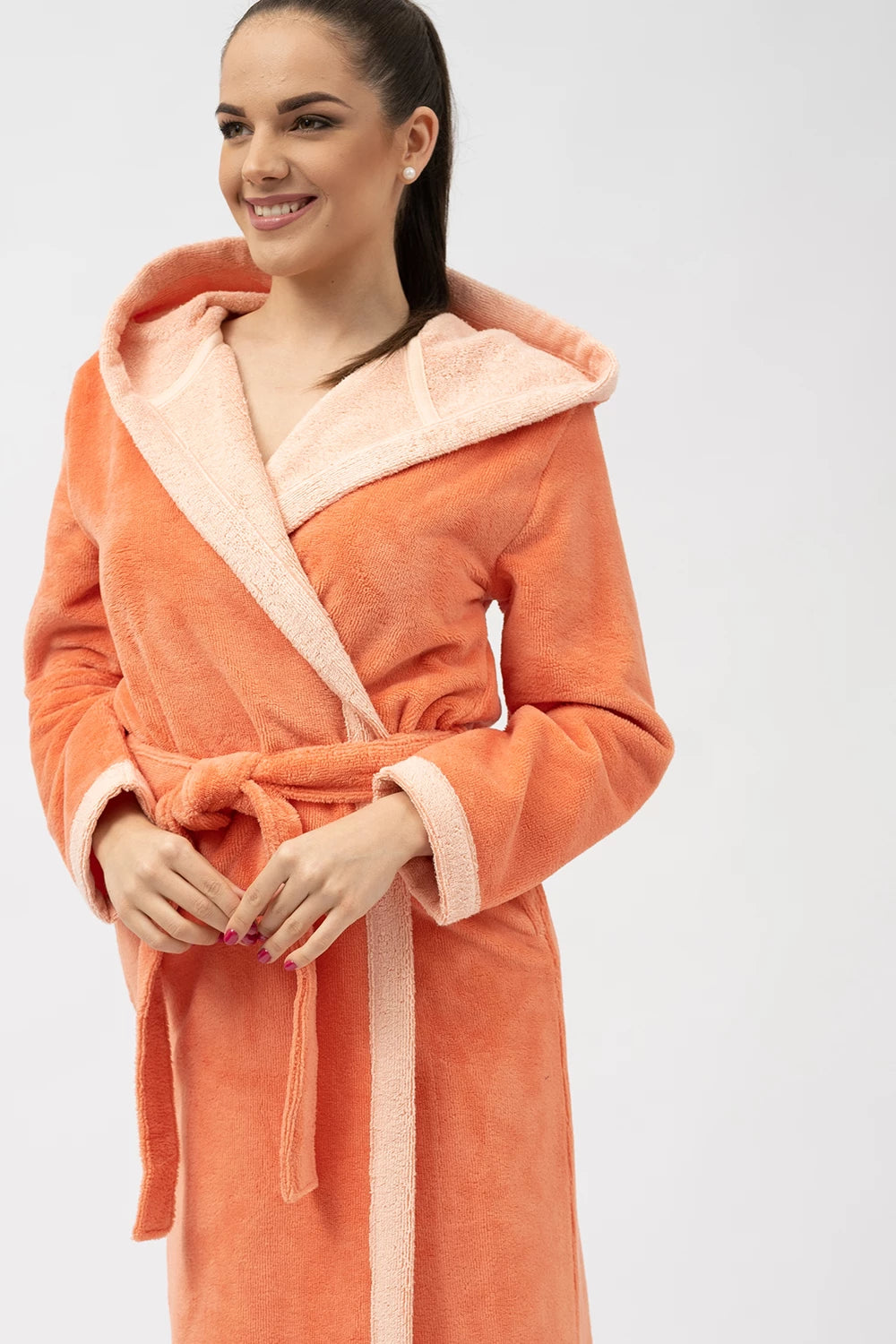 Belmanetti Bamboo Infused Long Hooded Robe in Coral - Everyday spa comfort