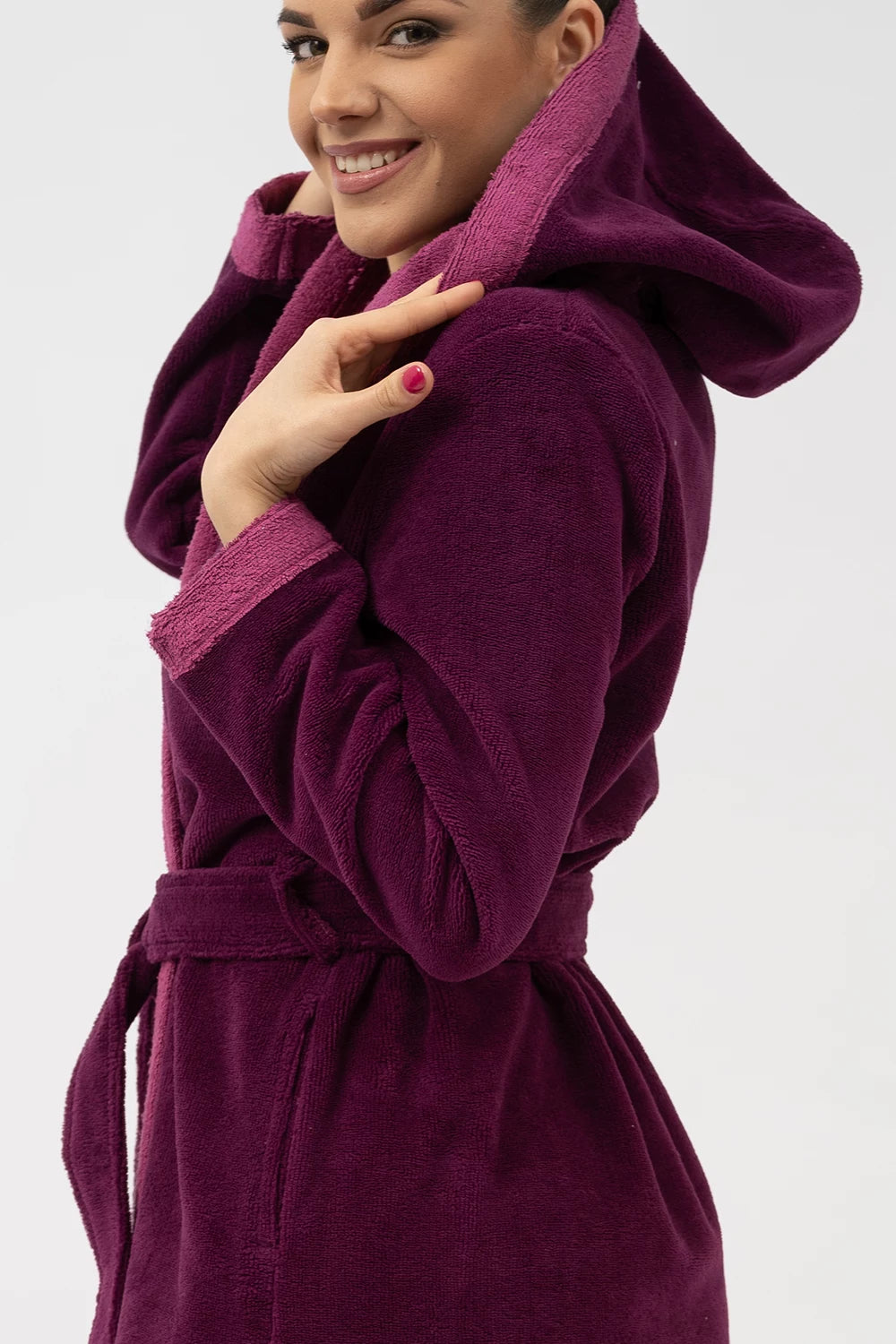 Belmanetti Bamboo Infused Long Hooded Robe in Plum - Made in Europe