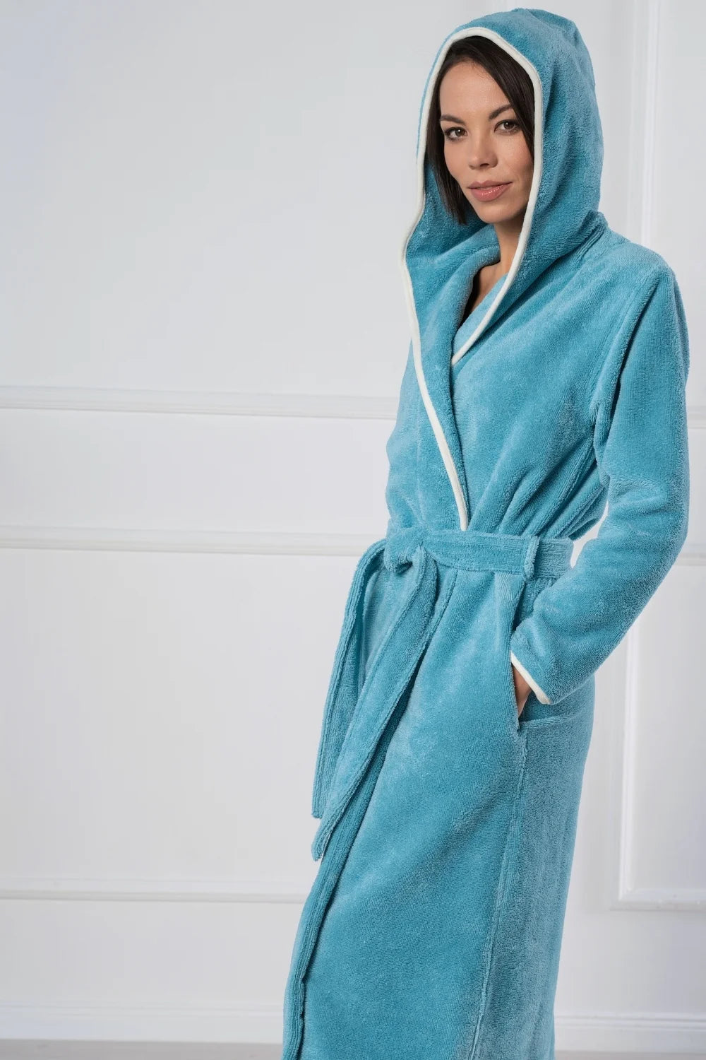 Long Hooded Bathrobe in Soft Cotton Terry–Fleece