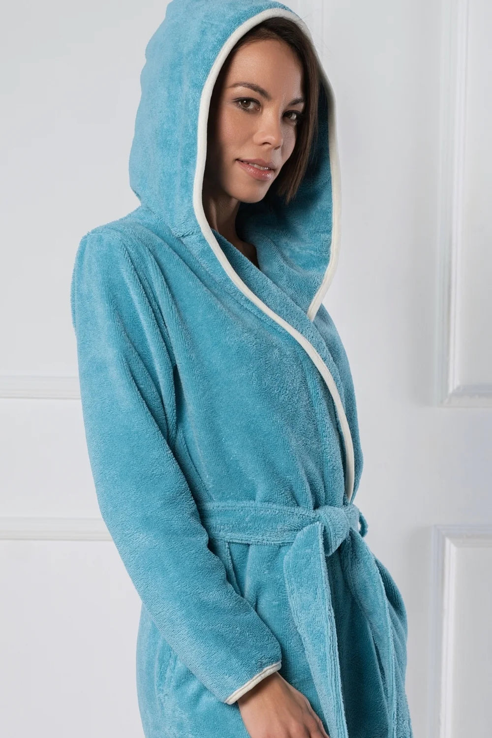 Long Hooded Bathrobe in Soft Cotton Terry–Fleece