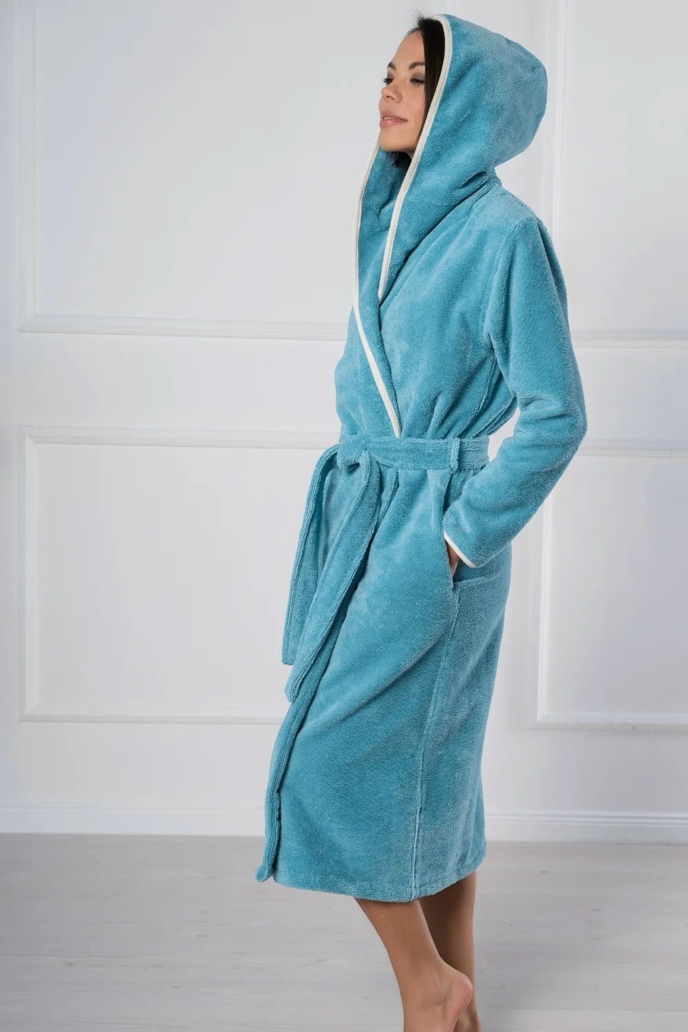 Long Hooded Bathrobe in Soft Cotton Terry–Fleece