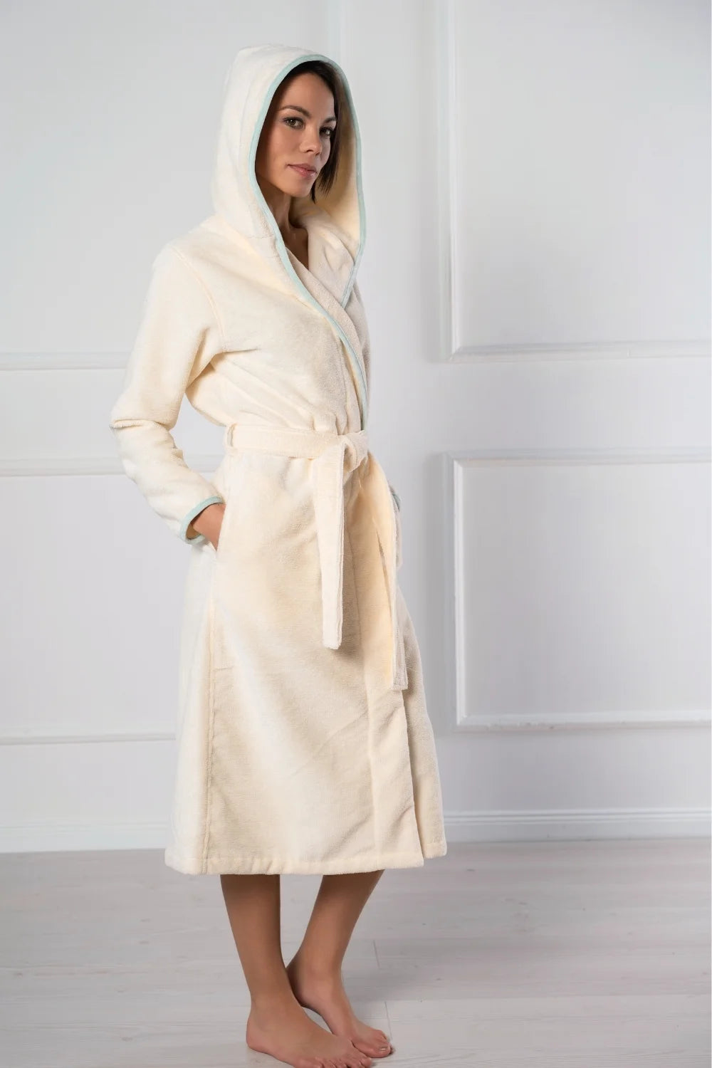 Long Hooded Bathrobe in Soft Cotton Terry–Fleece