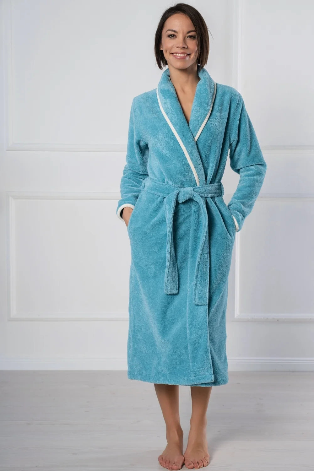 Shawl Collar Bathrobe in Soft Cotton Terry–Fleece