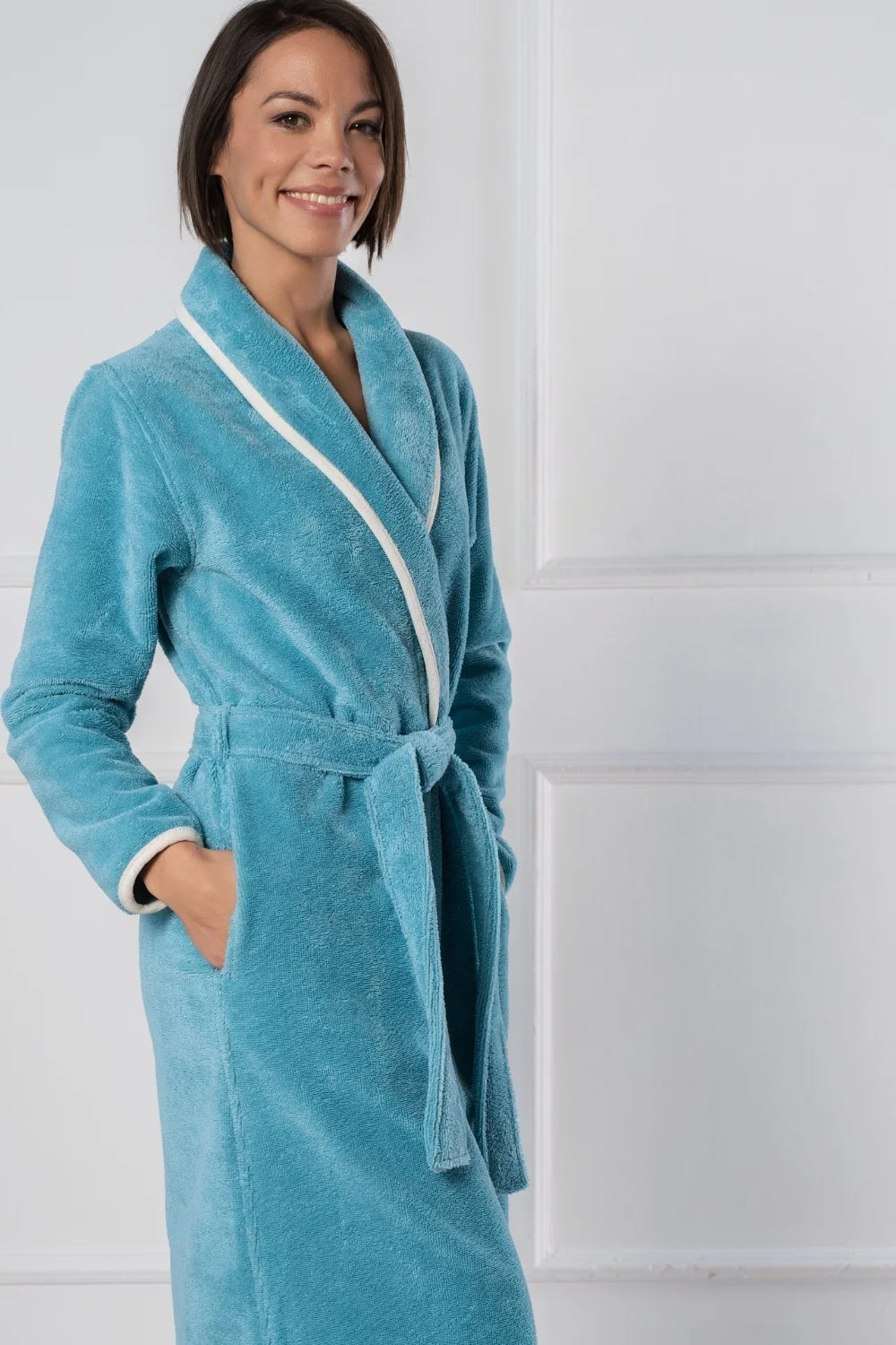Shawl Collar Bathrobe in Soft Cotton Terry–Fleece