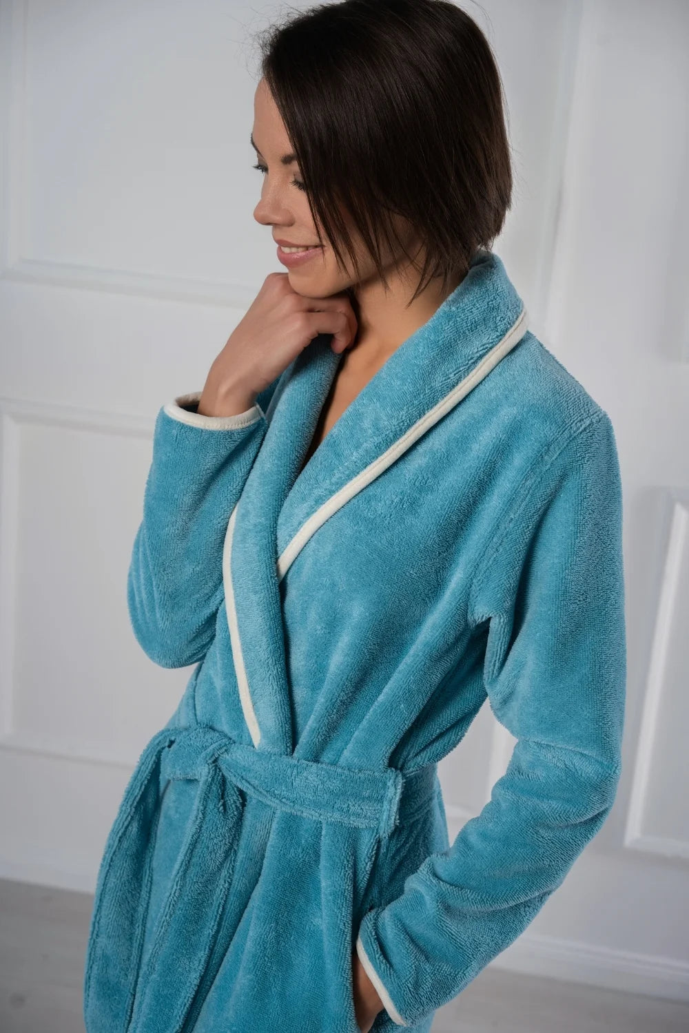 Shawl Collar Bathrobe in Soft Cotton Terry–Fleece