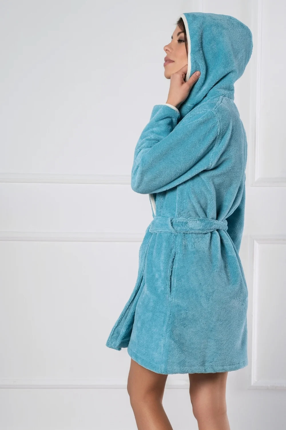 Short Hooded Bathrobe in Soft Cotton Terry–Fleece