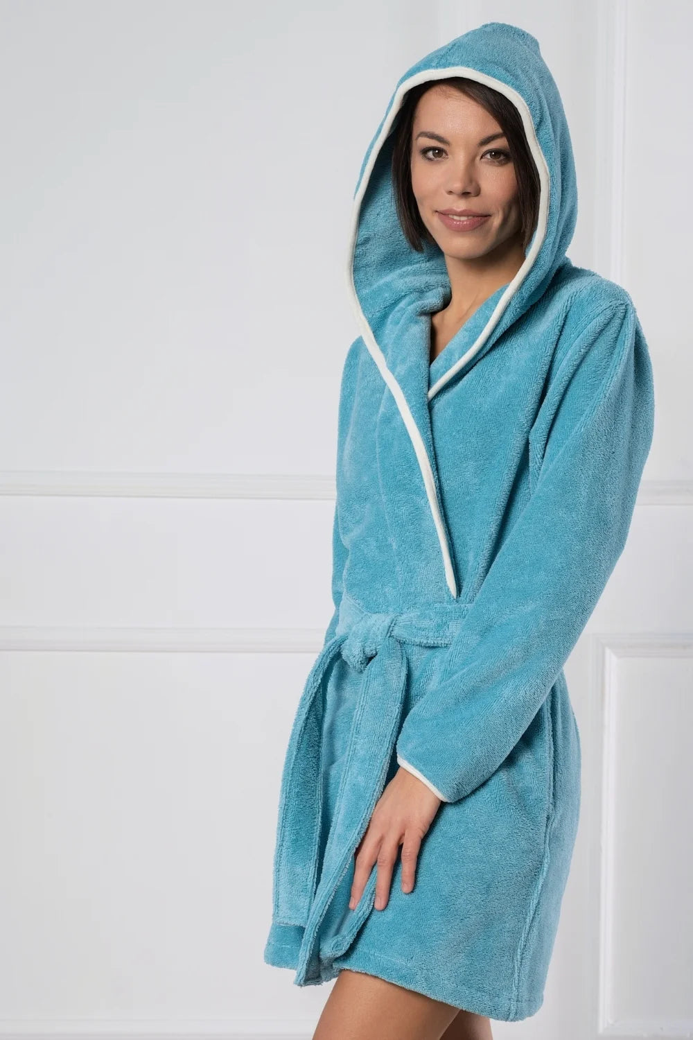Short Hooded Bathrobe in Soft Cotton Terry–Fleece