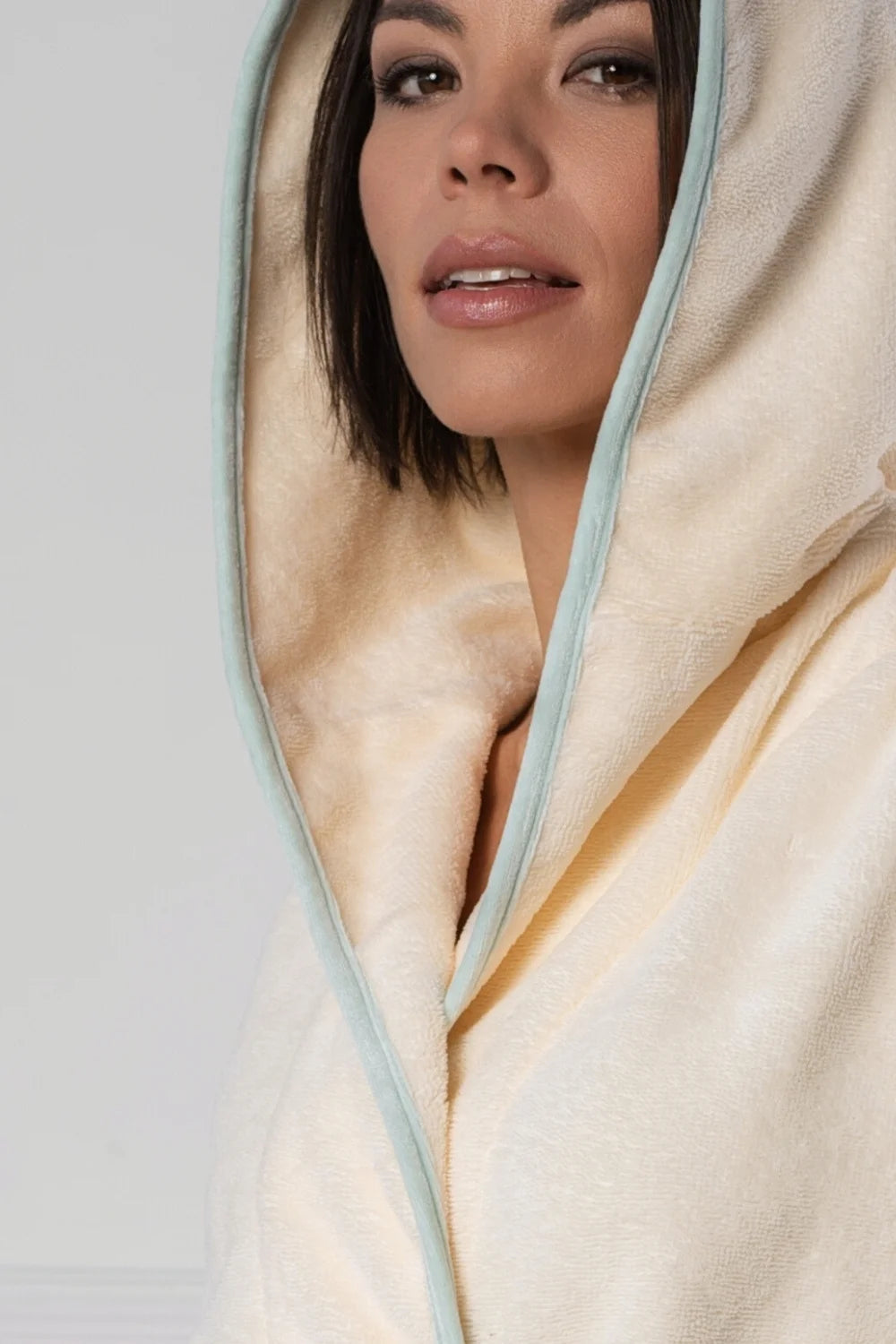 Short Hooded Bathrobe in Soft Cotton Terry–Fleece