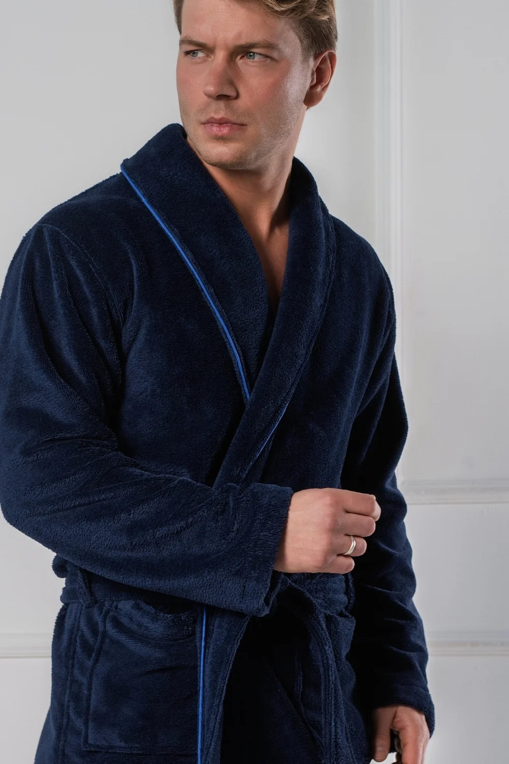 Shawl Collar Bathrobe in Soft Cotton Terry–Fleece – Men’s