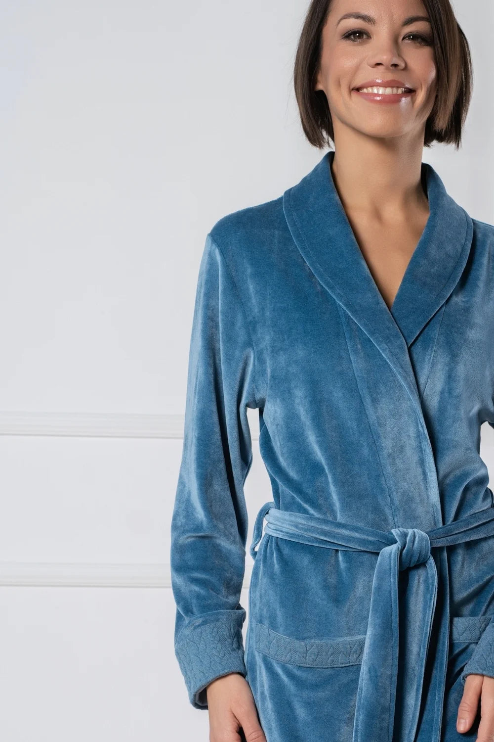 Women’s Bamboo Velour Shawl Collar Bathrobe with Braided Knit Trim