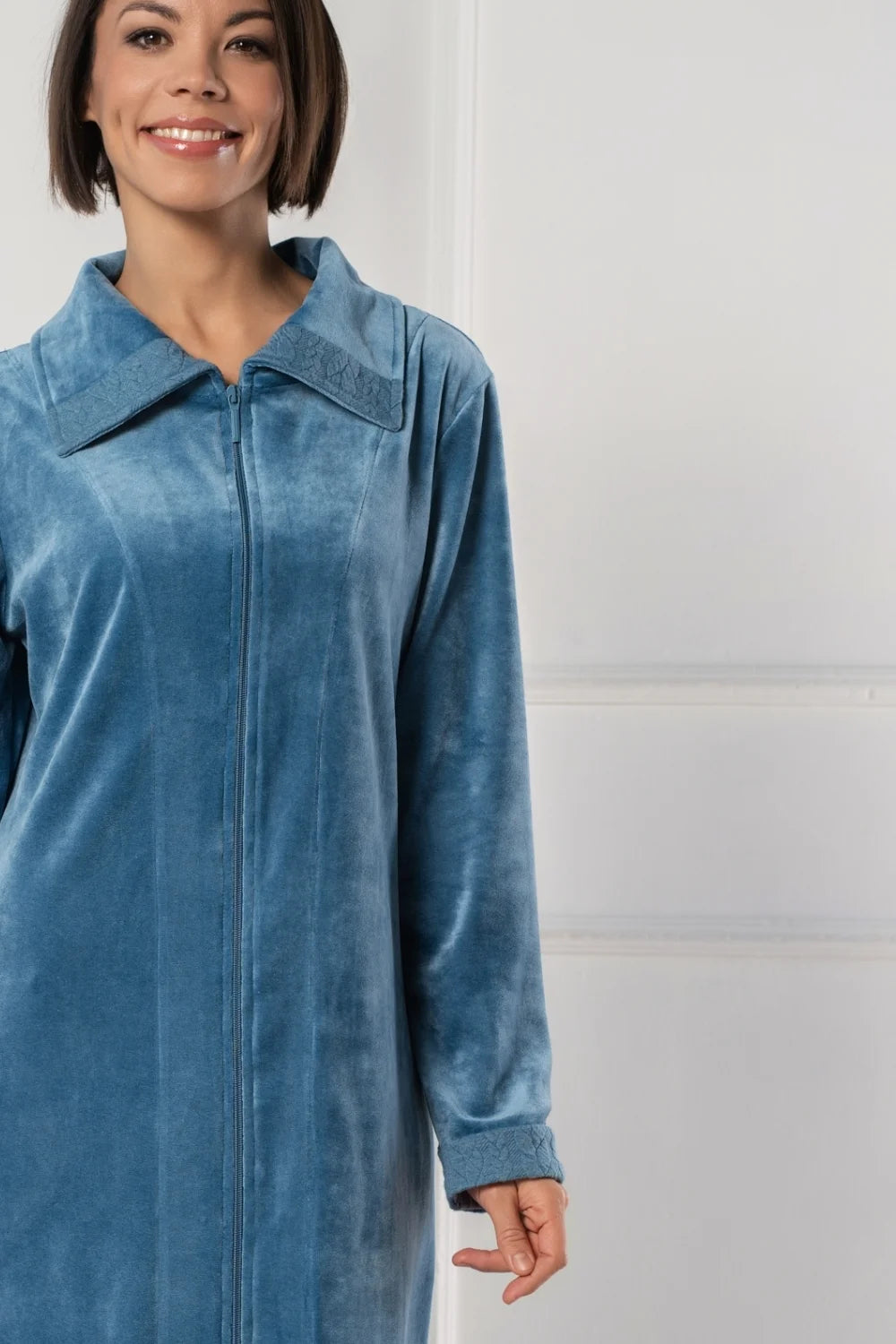 Women’s Zip Bathrobe in Soft Bamboo Velour with Braided Accents