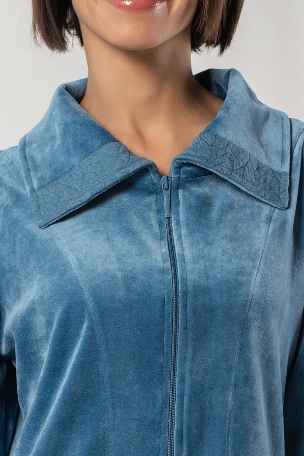 Women’s Zip Bathrobe in Soft Bamboo Velour with Braided Accents