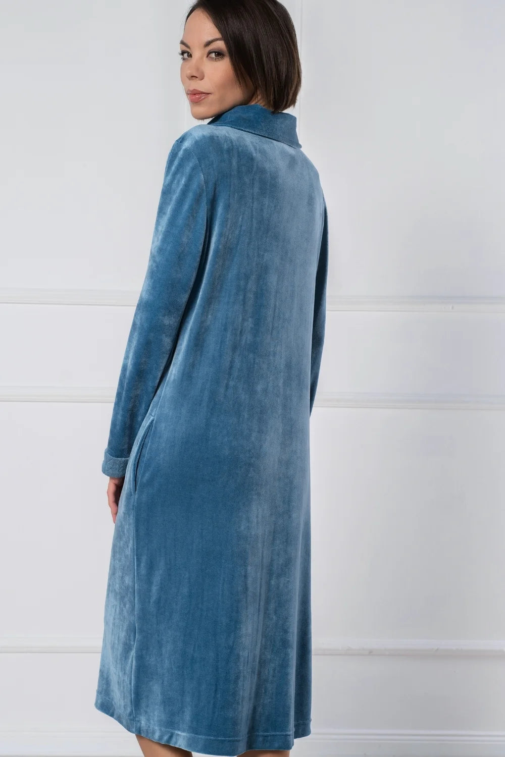 Women’s Zip Bathrobe in Soft Bamboo Velour with Braided Accents