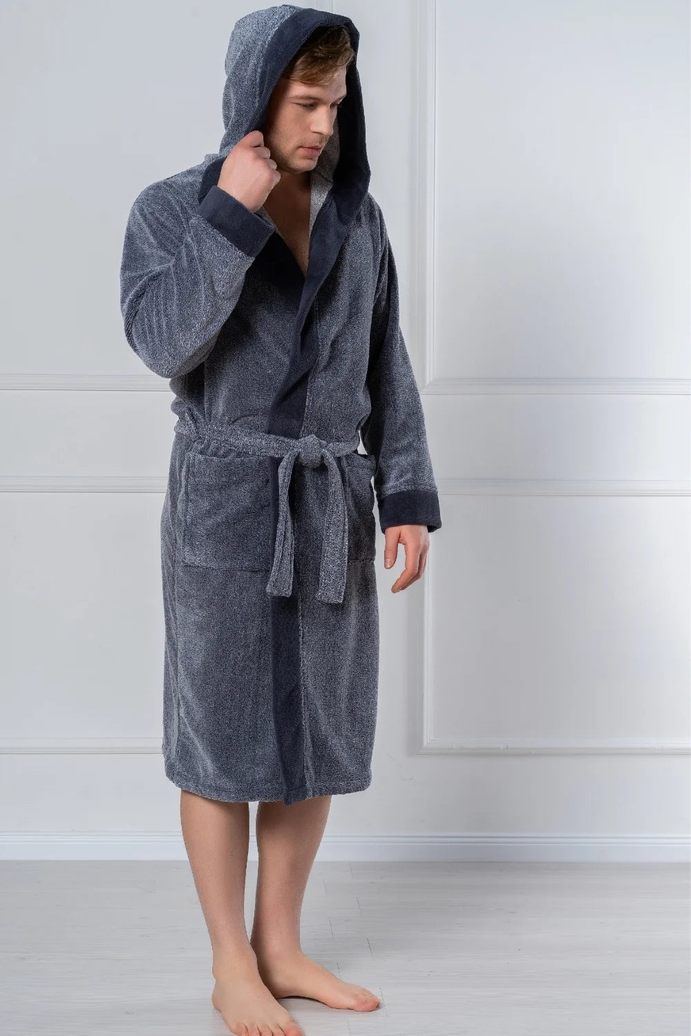 Belmanetti Cottonsoft Men S Hooded Bathrobe Natural in Melange Blue - Everyday spa comfort
