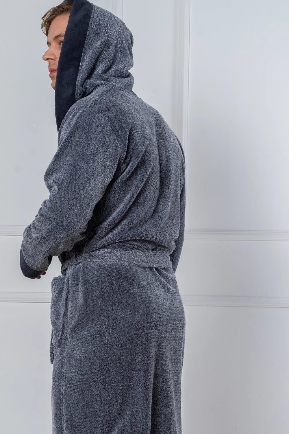 Belmanetti Cottonsoft Men S Hooded Bathrobe Natural in Melange Blue - Premium quality fabrics