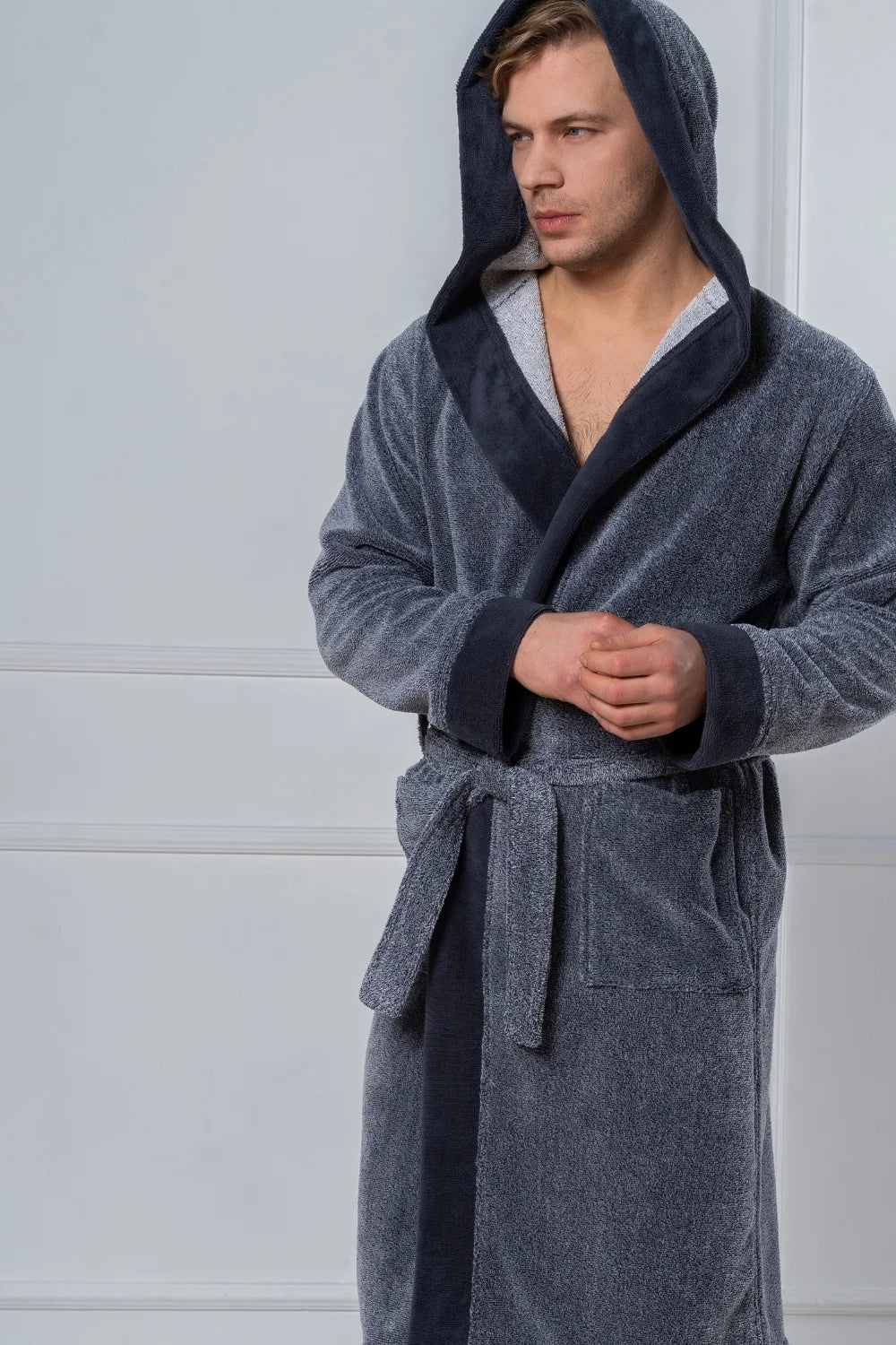 Belmanetti Cottonsoft Men S Hooded Bathrobe Natural in Melange Blue - Made in Europe