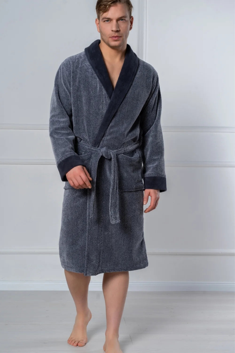 Belmanetti Cottonsoft Men S Bathrobe With Shawl in Melange Blue - Made in Europe