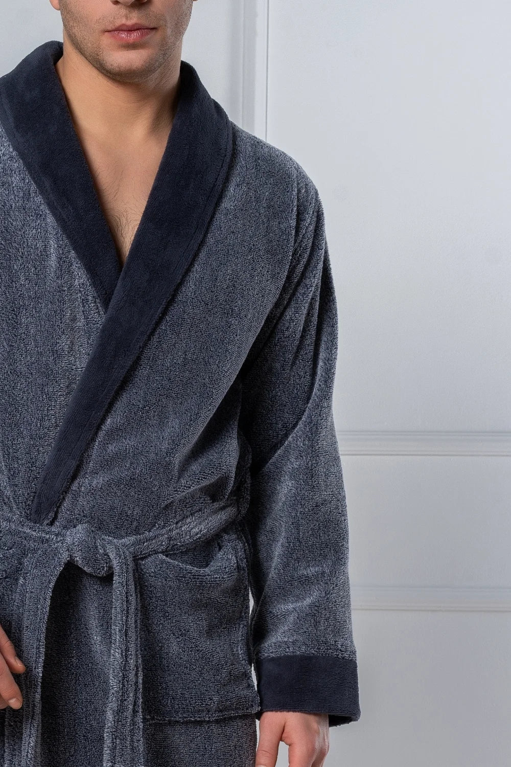 Belmanetti Cottonsoft Men S Bathrobe With Shawl in Melange Blue - European craftsmanship