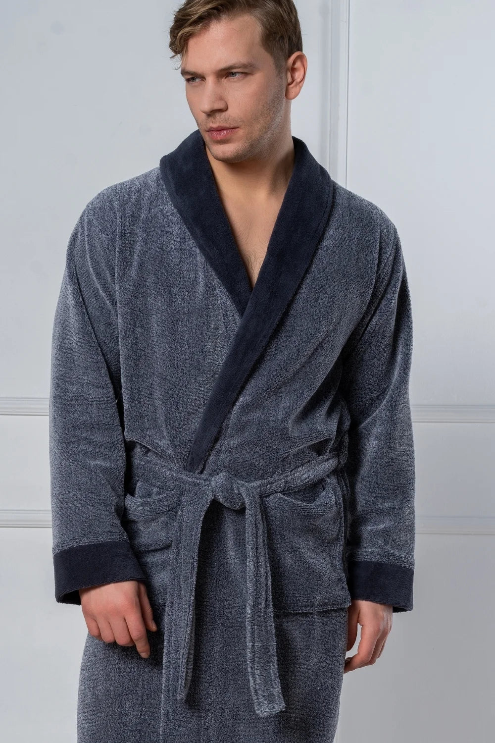 Belmanetti Cottonsoft Men S Bathrobe With Shawl in Melange Blue - Long-lasting luxury