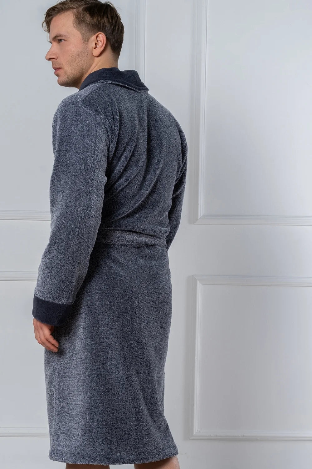 Belmanetti Cottonsoft Men S Bathrobe With Shawl in Melange Blue - Premium quality fabrics