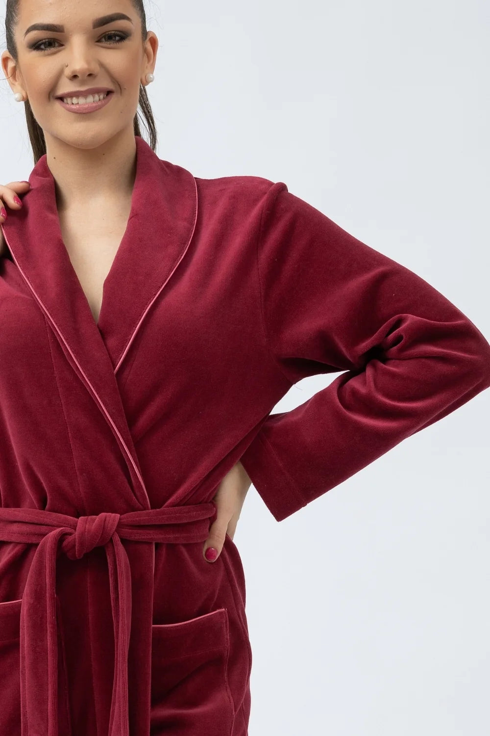 Belmanetti Velour Shawl Collar Bathrobe With Sateen in Rose - Made in Europe