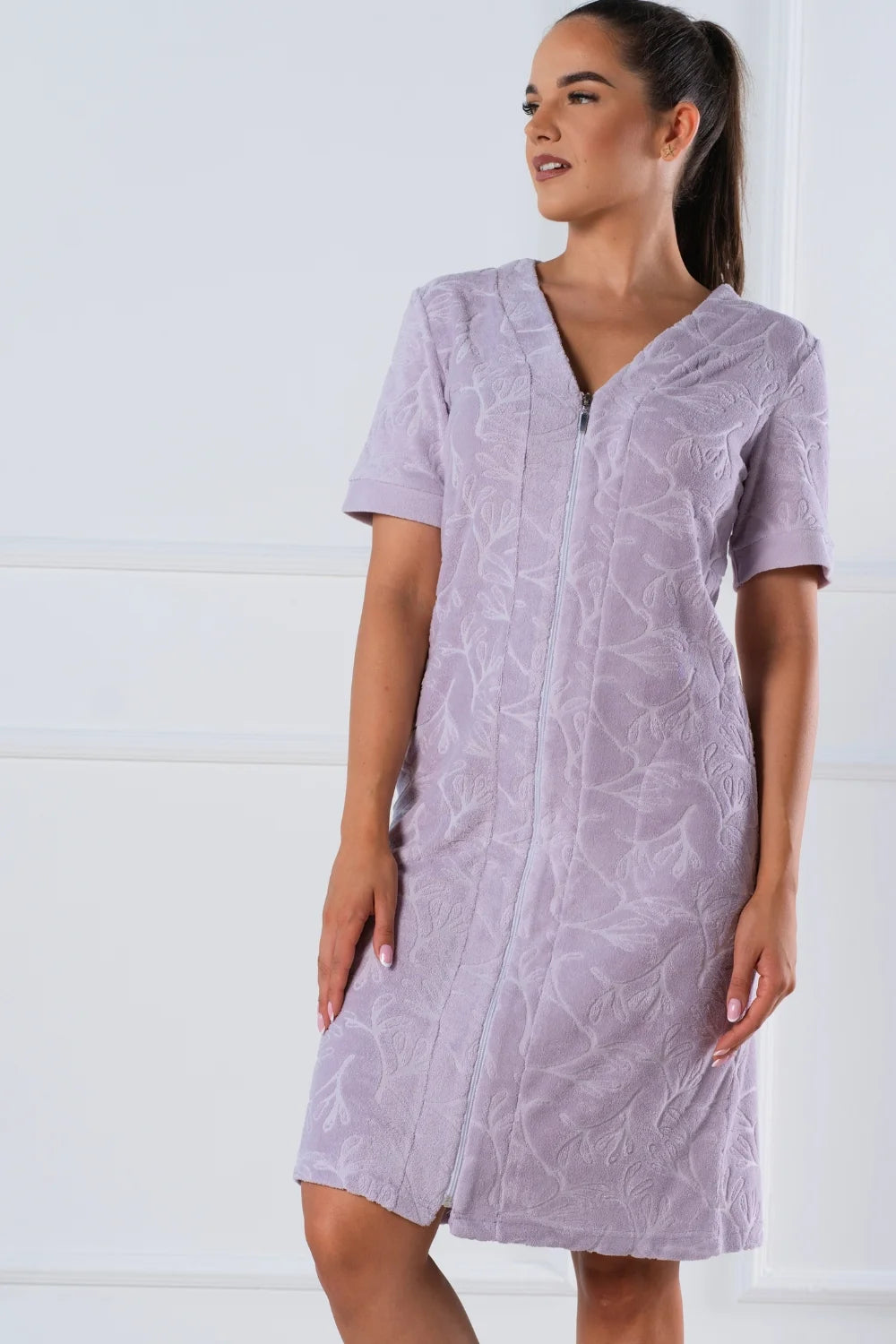 Floral-Textured Zip Summer Dress – Cotton Blend