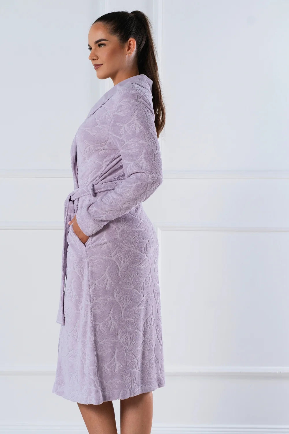 Belmanetti Long Floral Textured Shawl Collar Robe in 408 Violet - Premium quality fabrics