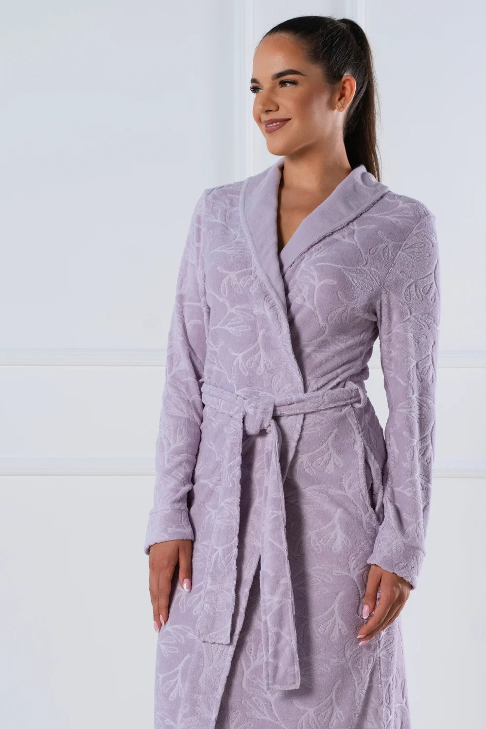 Belmanetti Long Floral Textured Shawl Collar Robe in 408 Violet - Everyday spa comfort