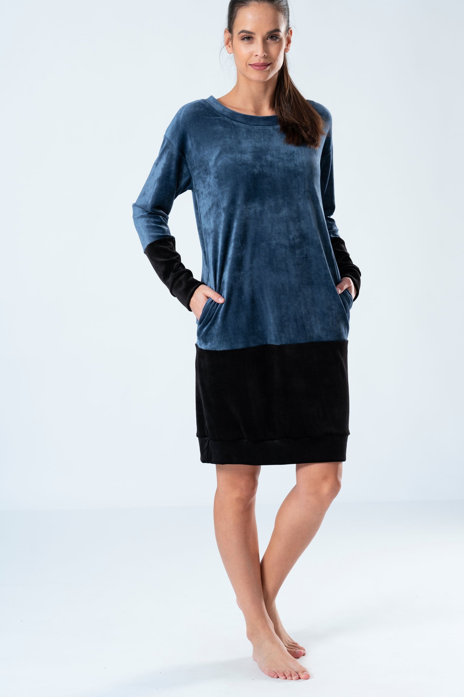 Belmanetti Stylish Color Block Modal Plush Homedress in Indigo - Made in Europe