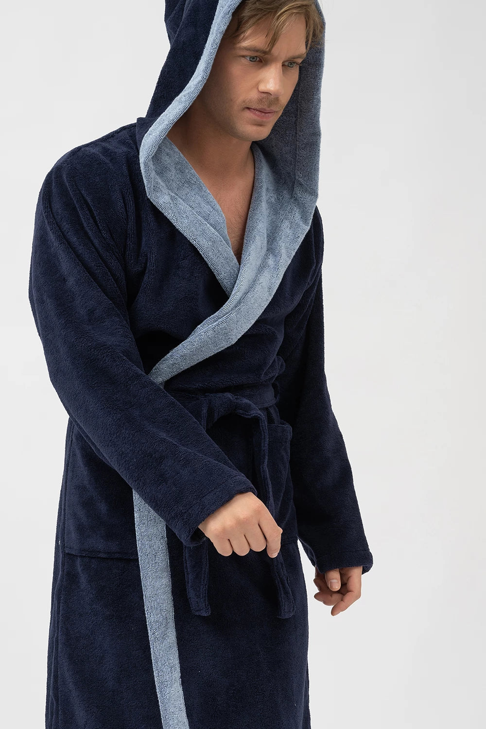 Belmanetti Hooded Men Bamboo Blend Robe in Dark Blue - Sustainable fabric