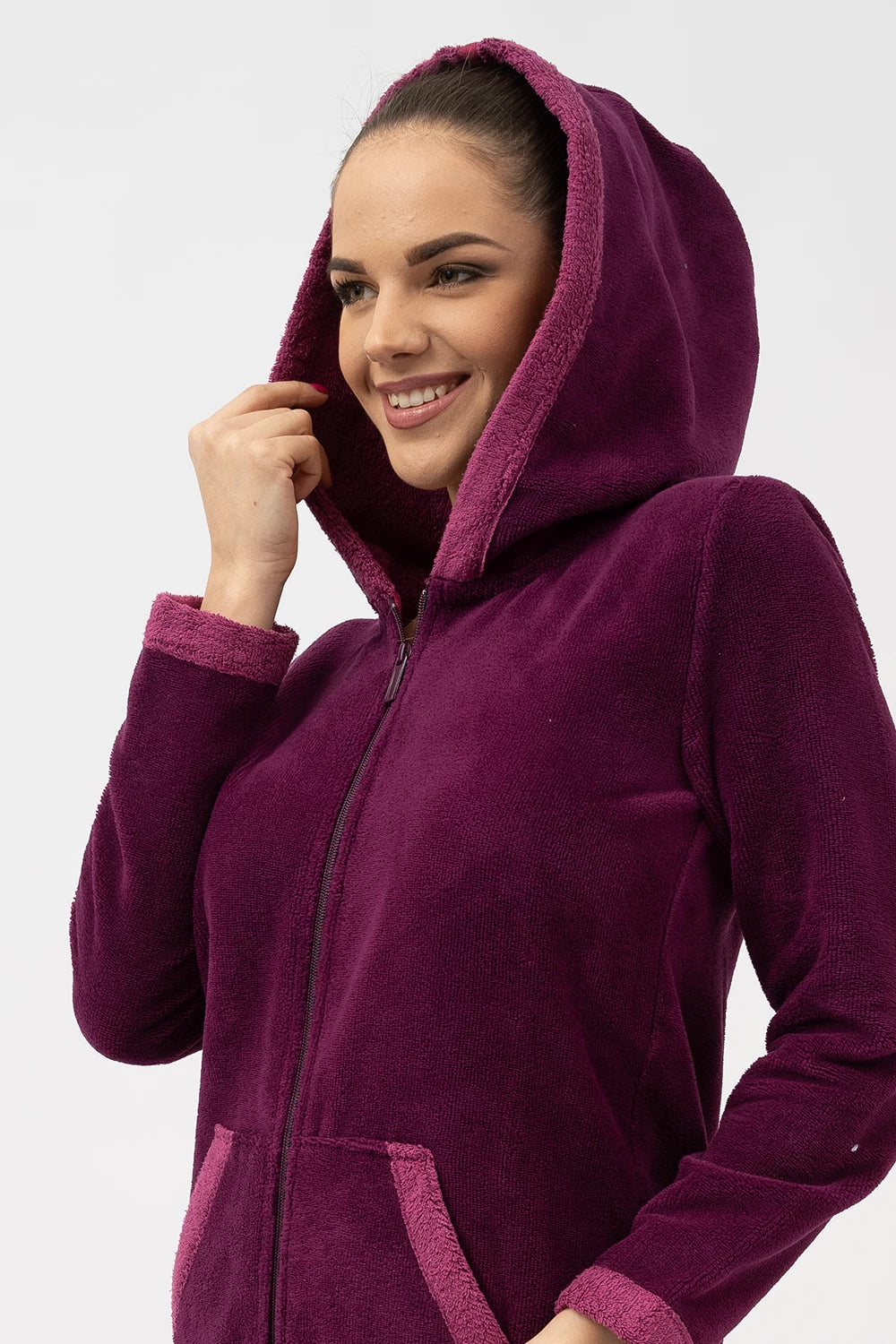 Belmanetti Bamboo Blend Hooded Zip Up Robe in Plum - European craftsmanship