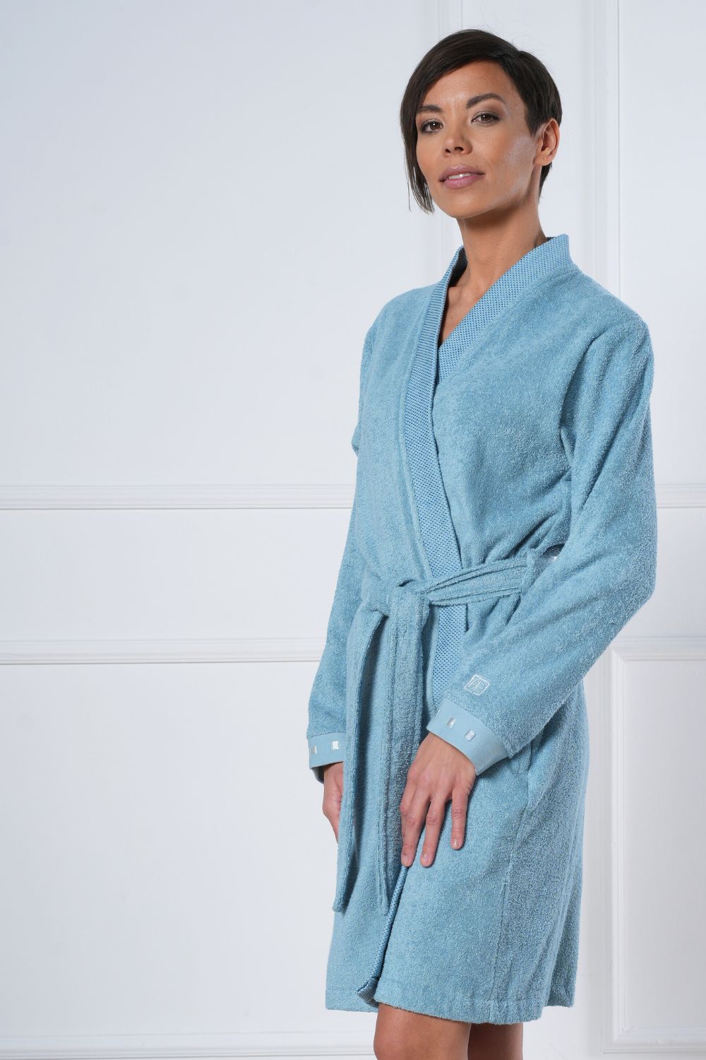 Belmanetti Short Kimono Style Bathrobe Bamboo Cotton in 655 SeaBlue - Free returns