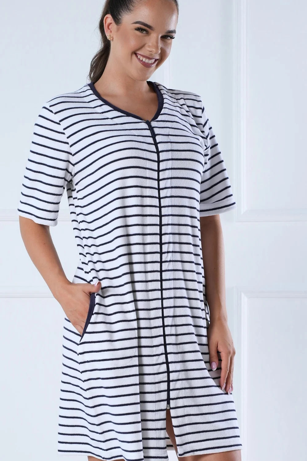 Belmanetti Marine Striped Short Sleeve Summer Zip in Stripe - European craftsmanship