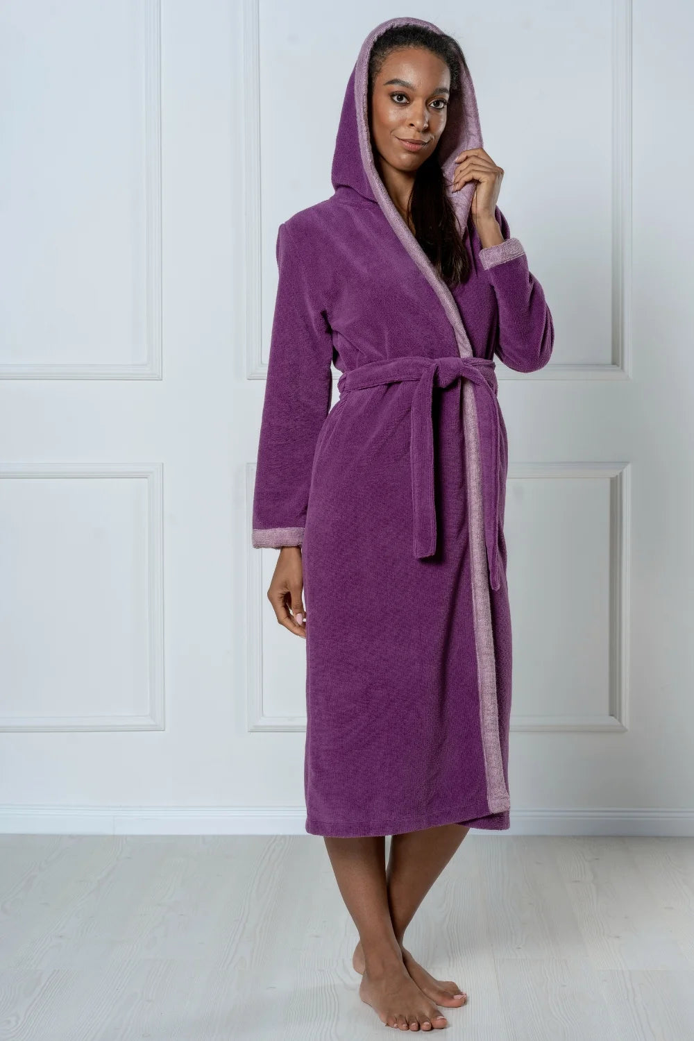 Belmanetti Bamboo Infused Long Hooded Robe in Plum - European craftsmanship
