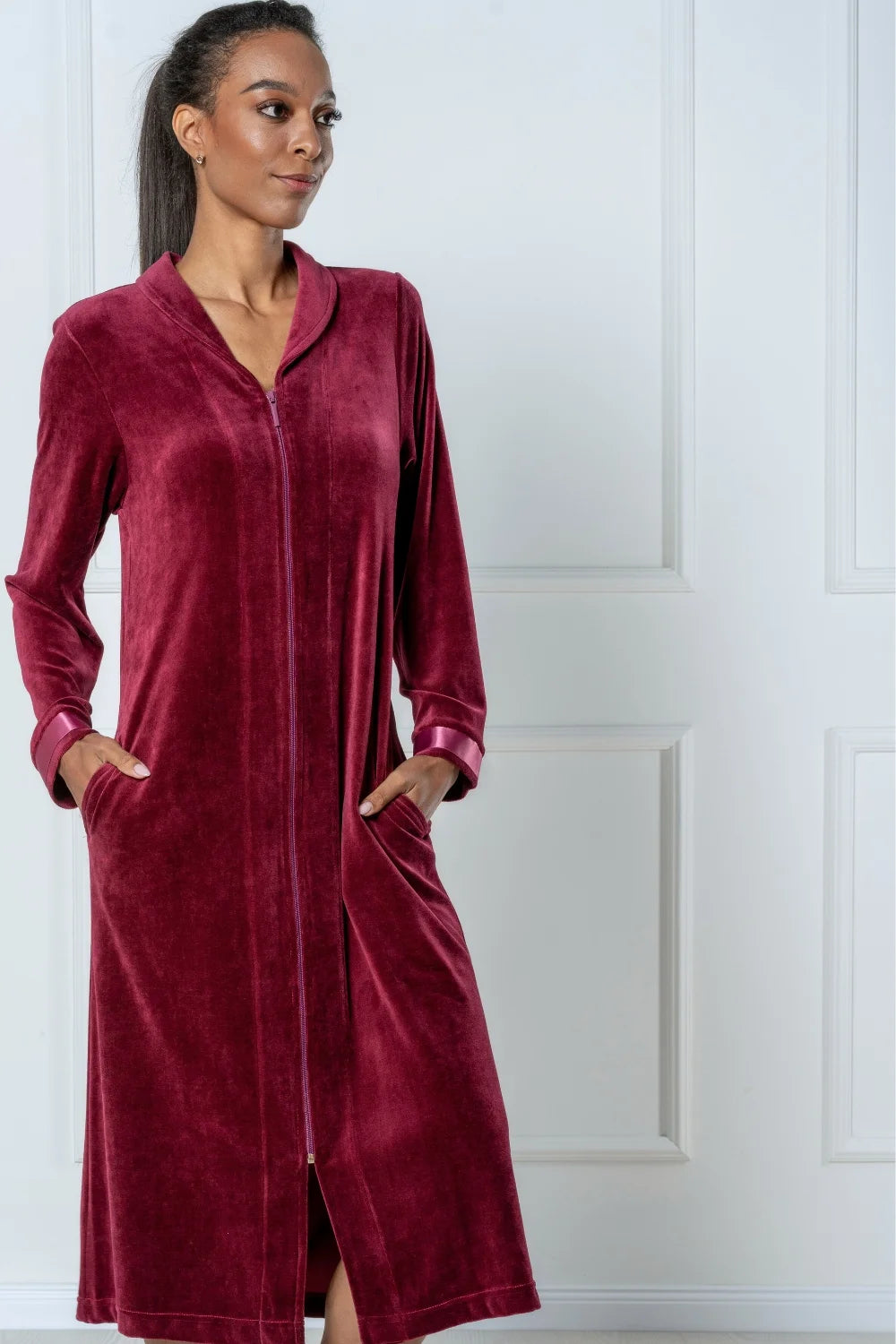 Belmanetti Long Modal Nicky Velour Robe With in Red Wine - Ideal for spa and home
