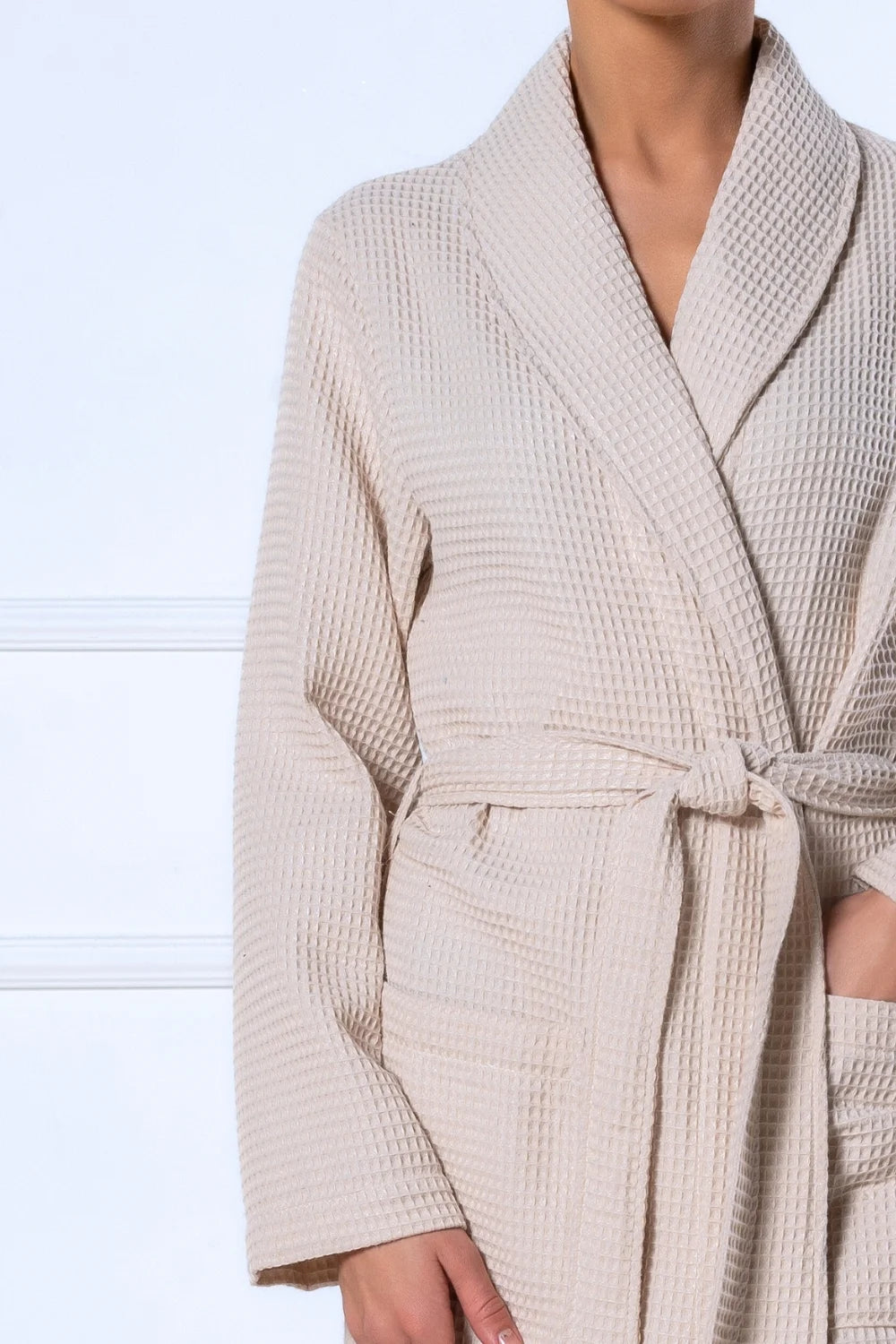 Belmanetti Bamboo Women Waffle Shawl Collar Bathrobe in beige - Perfect for slow mornings