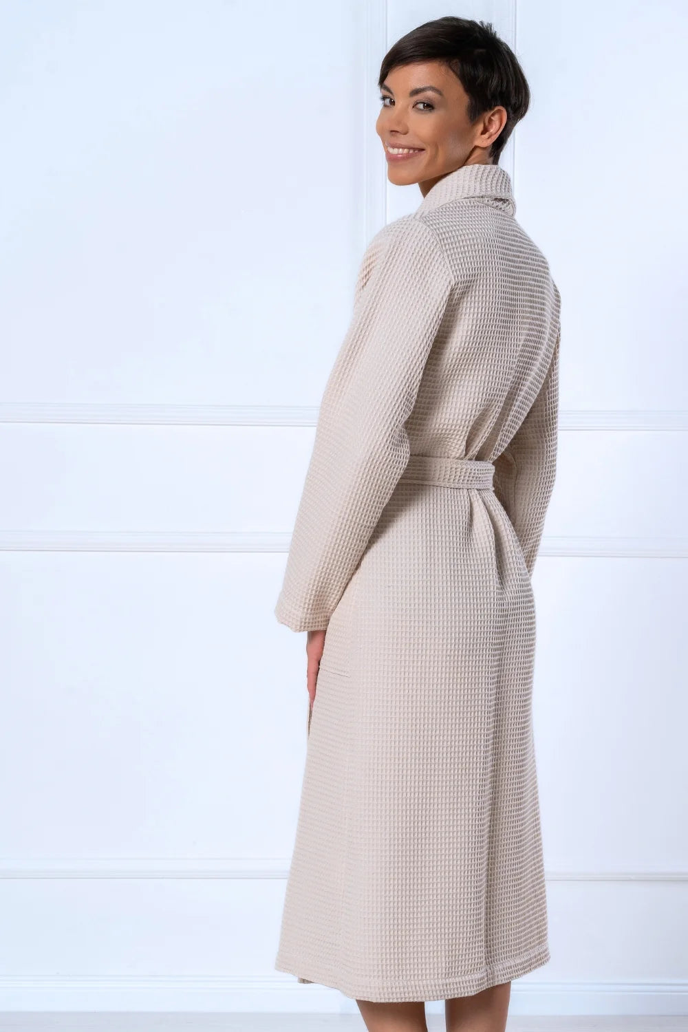 Belmanetti Bamboo Women Waffle Shawl Collar Bathrobe in beige - Ideal for spa and home
